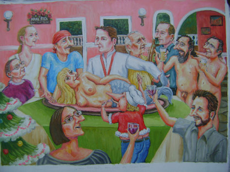 Cena Navideña en Lago Lindo aderezada por el Chef Iván Kisic      Óleo sobre lienzo de Juan Echenique